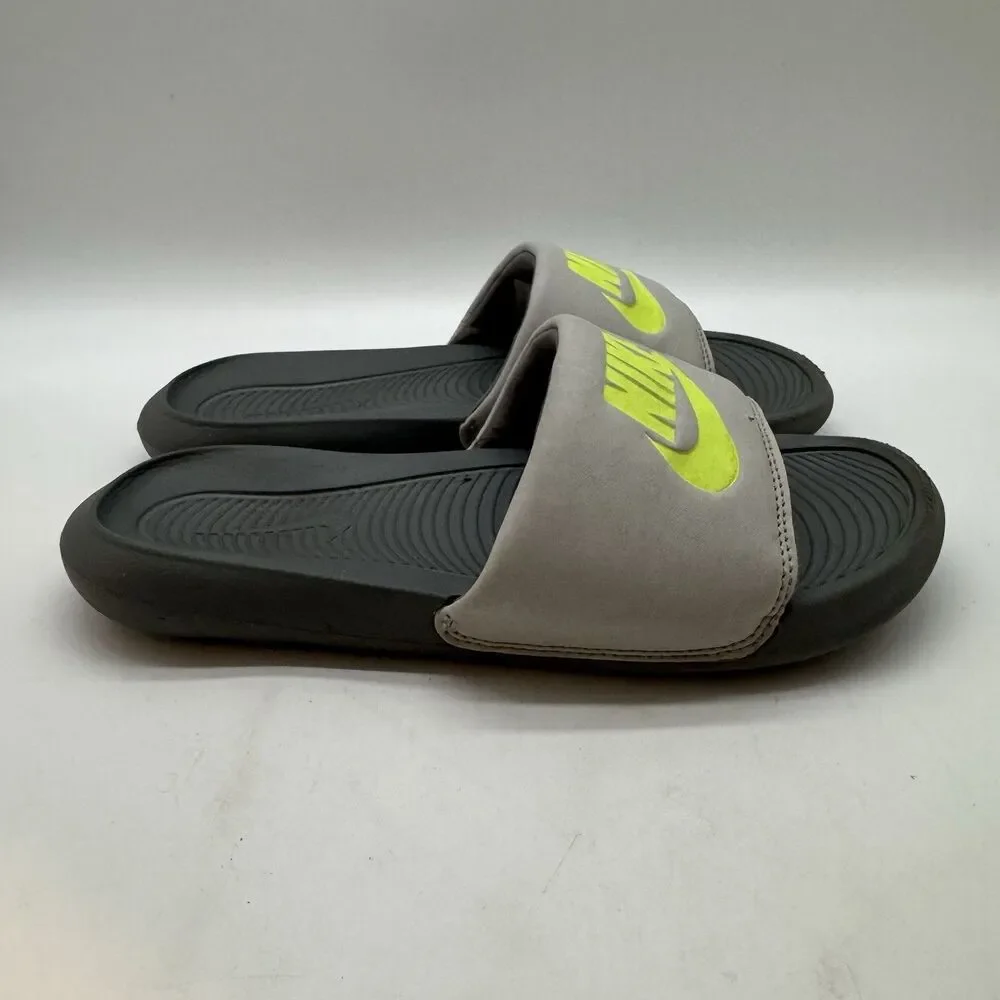 Nike Victori One Slide Sandals Men's 7 Gray Neon Green Slip-On Sport CN9675-011